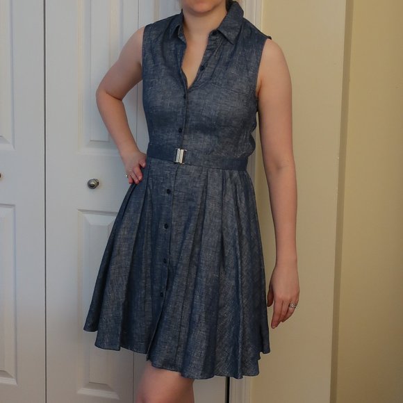 NWOT Sleeveless Chambray Pleated Shirt Dress - Picture 1 of 11